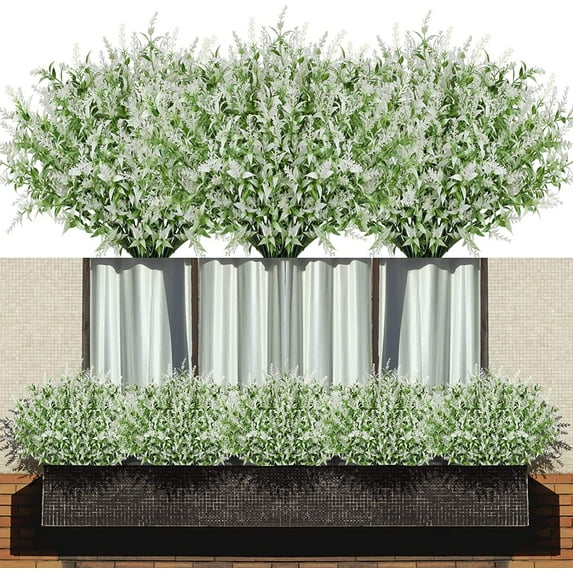 Viworld 12 Bundles Artificial Lavender Flowers, Fake Flowers Outdoor UV Resistant Artificial Flowers Faux Plastic Shrubs for Hanging Planters Outside Porch Vase Home Window Decoration(White)
