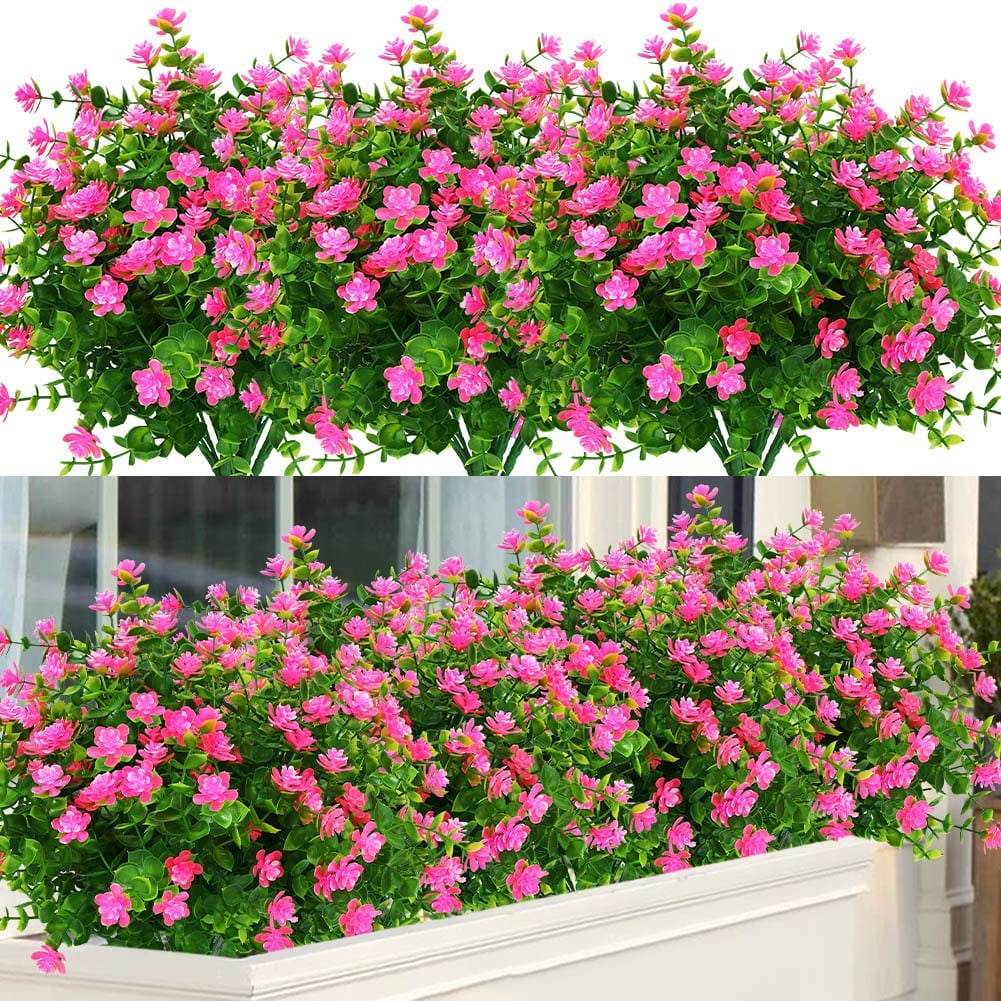 Viworld 12 Bundles Outdoor Artificial Flowers UV Resistant Fake Boxwood Plants, Faux Plastic Greenery for Indoor Outside Plants Garden Home Decor (Pink)