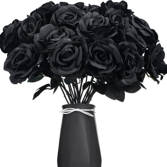 Viworld 12pcs Artificial Black Rose Flower Fake Silk Flowers Bouquet for Home Wedding Party Halloween Outdoor Gothic Decorations