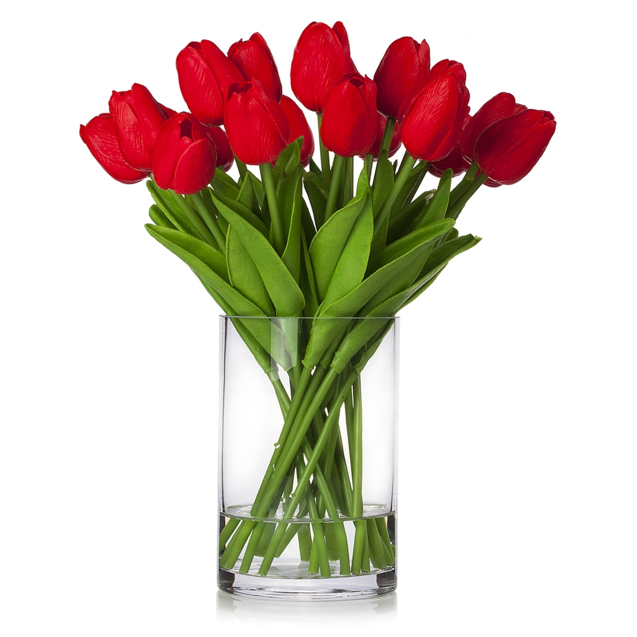 Viworld 16 Pieces Artificial Real Touch Tulips Fake Silk Flowers Arrangement in Cylinder Glass Vase with Faux Water for Home Office Wedding Event Decoration (Red)
