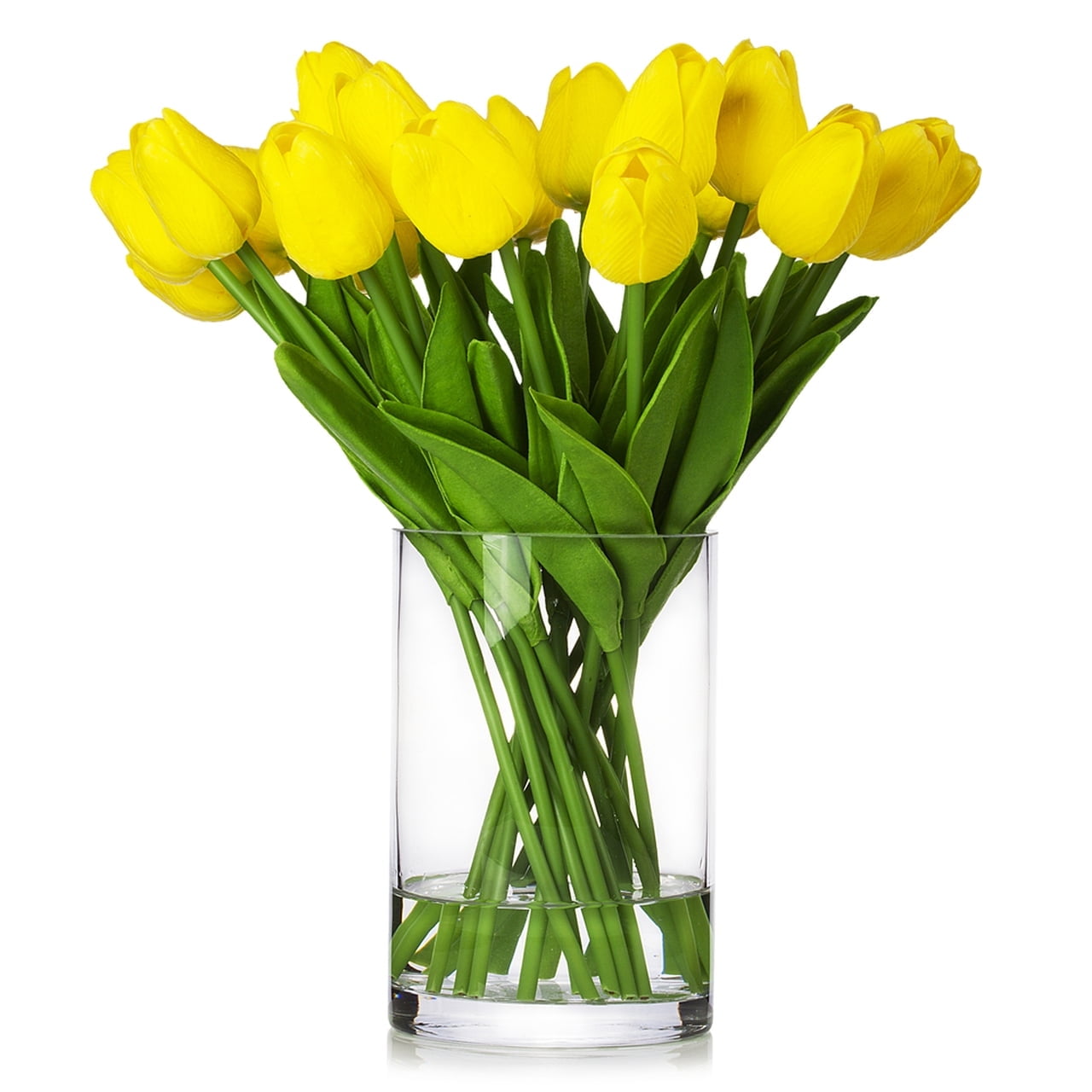 Viworld 16 Pieces Artificial Real Touch Tulips Fake Silk Flowers Arrangement in Glass Vase with Faux Water for Home Decor Yellow