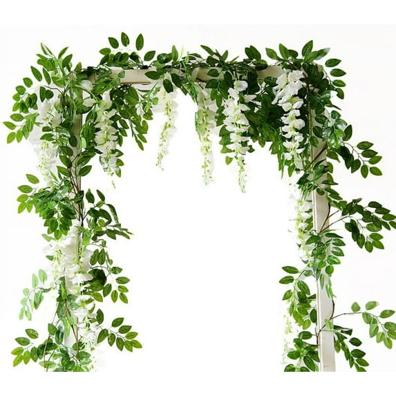 Viworld 2 Pack 6.6ft Artificial Flowers Silk Wisteria Flowers Ivy Vine Green Leaf Hanging Vine Garland for Wedding Party Home Garden Wall Decoration, White