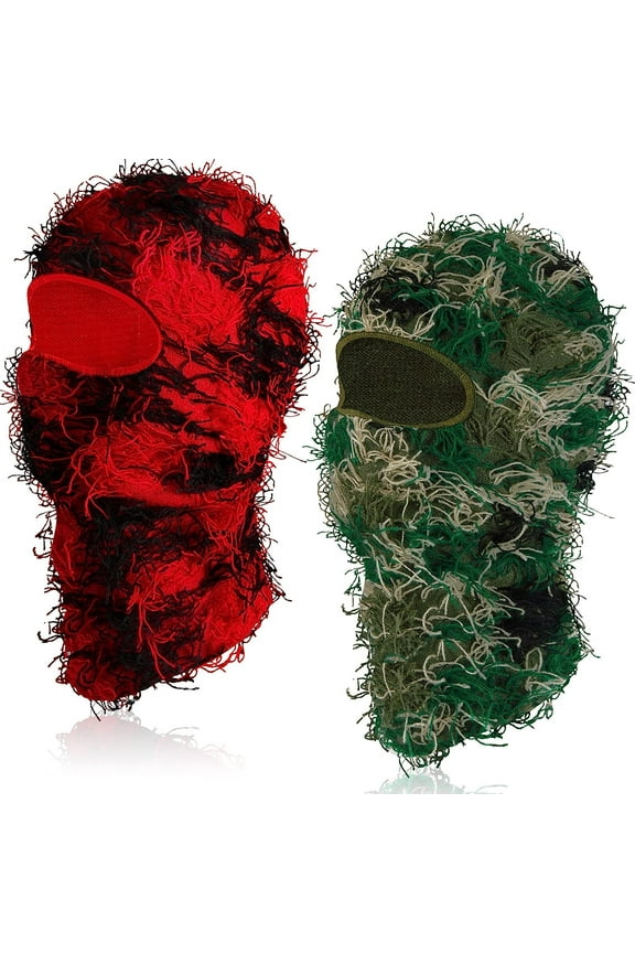 2 Pack Distressed Balaclava Ski Mask Full Face Knitted Balaclava Windproof Cool Ski Mask for Cold Weather, Red Camo, Army Green Camo