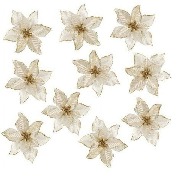 Viworld 20 Pieces Glitter Christmas Tree Ornaments Artificial Wedding Christmas Poinsettia Flowers for Christmas Flowers Tree Wreaths Decor Ornament(Gold)