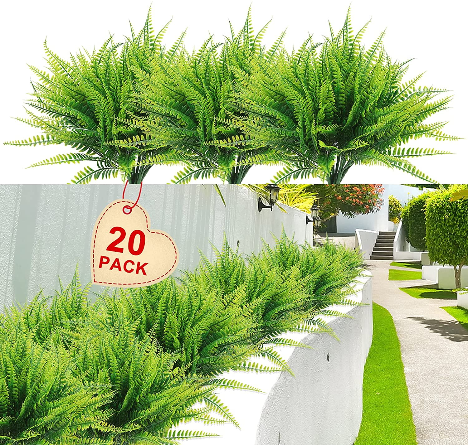 20-Pack UV Resistant Green Artificial Boston Fern Plants