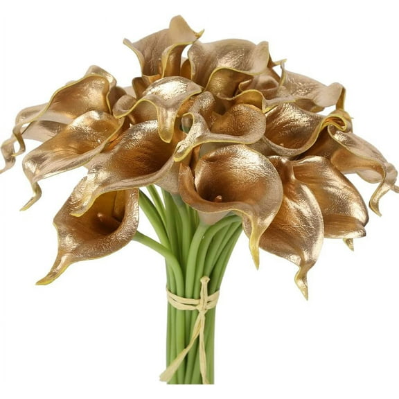 Viworld 20pcs Artificial Flowers Faux Flower Real Touch Fake Flowers Calla Lily for Wedding Bouquet Party Decorations Baby Shower Centerpieces Bridal Bouquet Decor, Gold