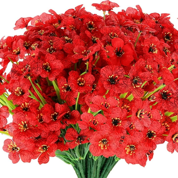 Viworld 24 Bundles Artificial Flowers Outdoors, UV Resistant Fake Silk Flowers with Plastic Plants for Indoor Outside Hanging Decoration , Red