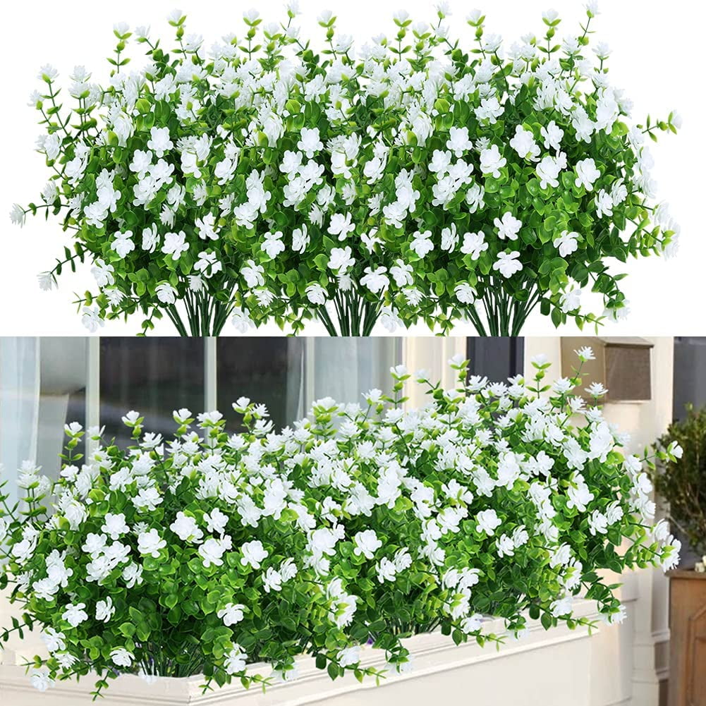 Viworld 24 Bundles Outdoor Artificial Flowers UV Resistant Fake Boxwood Plants, Faux Plastic Greenery for Indoor Outside Plants Garden Home Decor (White)