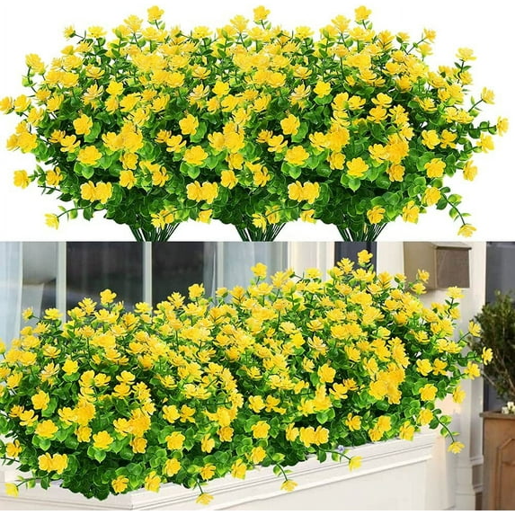 Viworld 24 Bundles Outdoor Artificial Flowers UV Resistant Fake Boxwood Plants, Faux Plastic Greenery for Indoor Outside Plants Garden Home Decor (Yellow)