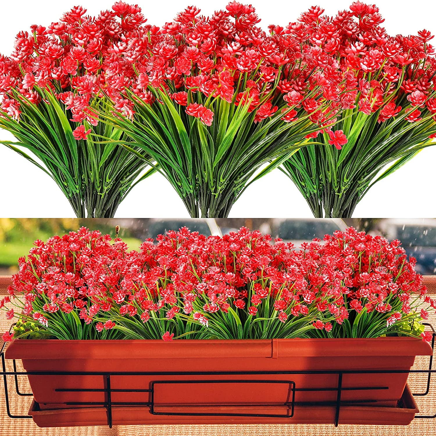 Viworld 24 Pcs Daffodil Artificial Outdoor Flowers UV Resistant Artificial Plants Fake Plastic Flowers for Decoration Faux Shrubs Plants for Garden Porch Window Box Wedding Home Farmhouse Decor(Red)
