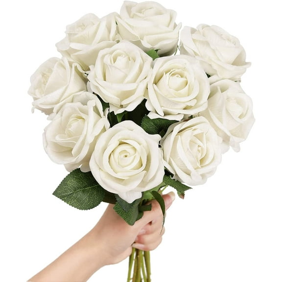 Viworld 24 Pcs Rose Artificial Flowers, Realistic Blossom White Fake Roses with Stems, Single Silk Rose Flower Bouquet for Wedding Centerpieces Arrangement Bridal Shower Party Home Table Decorations