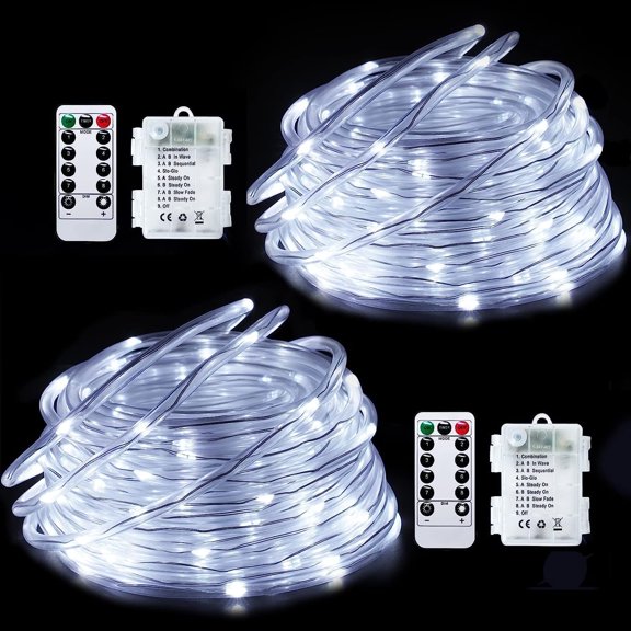 Viworld 2Pack Christmas LED Rope Lights Battery Operated 40ft 100 LED String Lights with 8 Modes Lighting Remote Waterproof for Porch Fence Tree Camping Holiday Decor (Cool White)