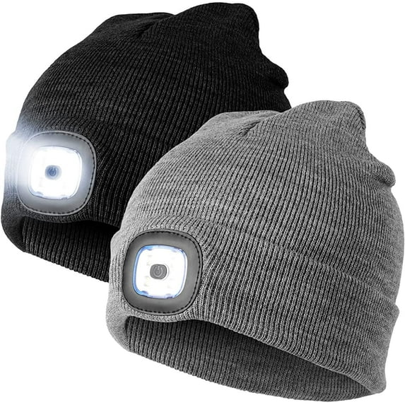 Viworld 2Pack LED Lighted Beanie Hat, USB Rechargeable Winter Warm Knitted Hat with Headlamp for Men Women Outdoor Sport, Black & Gray