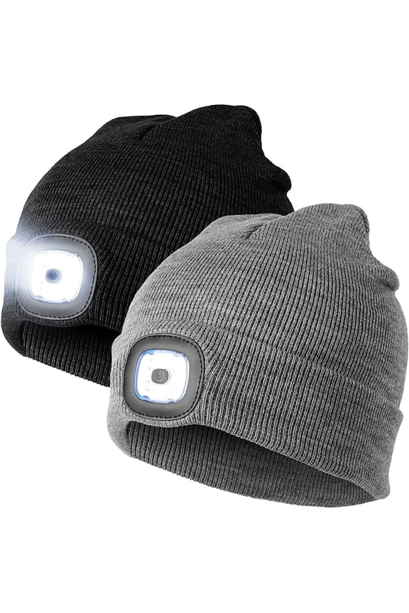 2Pack LED Lighted Beanie Hat, USB Rechargeable Winter Warm Knitted Hat with Headlamp for Men Women Outdoor Sport, Black & Gray