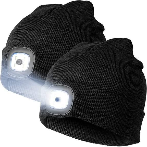 Viworld 2Pack LED Lighted Beanie Hat, USB Rechargeable Winter Warm Knitted Hat with Headlamp for Men Women Outdoor Sport, Black
