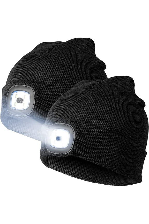 2Pack LED Lighted Beanie Hat, USB Rechargeable Winter Warm Knitted Hat with Headlamp for Men Women Outdoor Sport, Black