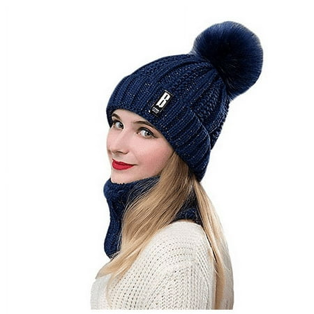 Viworld 2Pcs Women Winter Scarf Hat Warm Set Beanie Set Solid Knitted Thick Neck Warmer Scarf