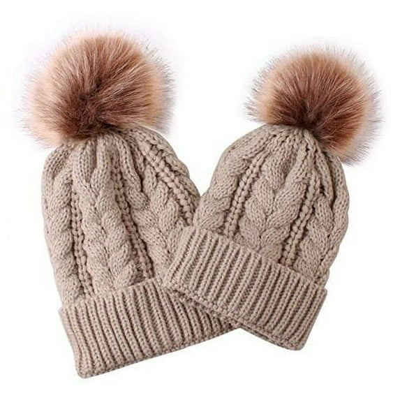 Viworld 2pcs Women Girl Knitted Wool Pompom Hat Winter Beanie Cap Family Matching Faux Fur Ball Crochet Knitting Hats