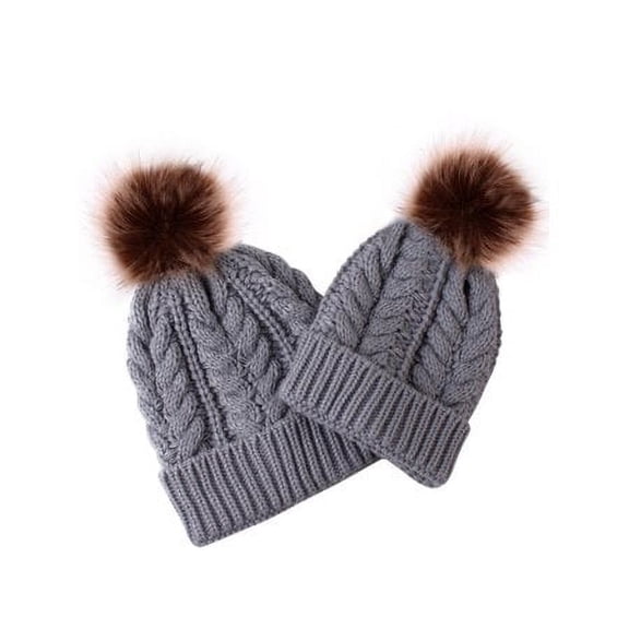 Viworld 2pcs Women Girl Knitted Wool Pompom Hat Winter Beanie Cap Family Matching Faux Fur Ball Crochet Knitting Hats