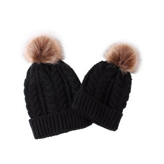 Viworld 2pcs Women Girl Knitted Wool Pompom Hat Winter Beanie Cap Family Matching Faux Fur Ball Crochet Knitting Hats