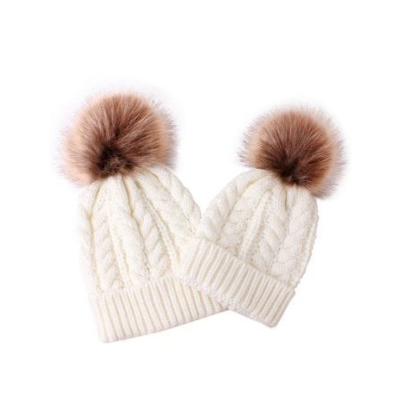Viworld 2pcs Women Girl Knitted Wool Pompom Hat Winter Beanie Cap Family Matching Faux Fur Ball Crochet Knitting Hats