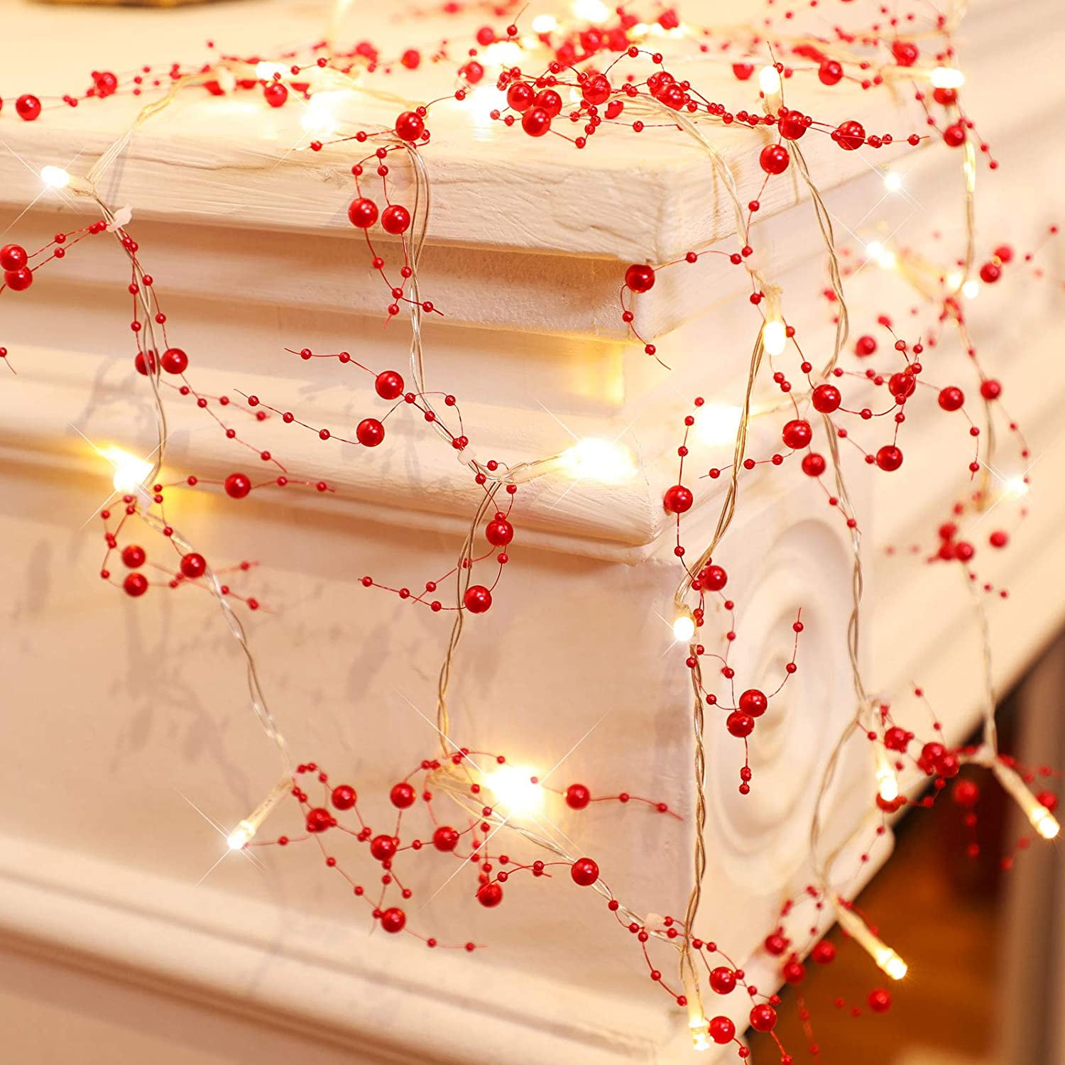 Festive Red Beaded 10-Foot Lighted Christmas Garland