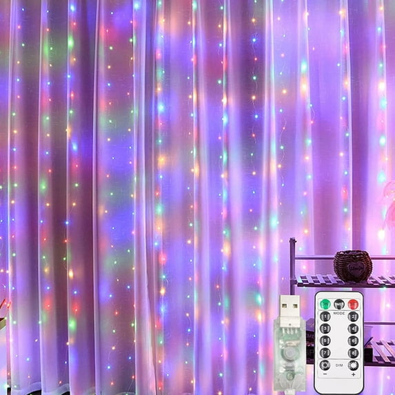 Viworld 300 LED Curtain Lights, USB 8 Modes Fairy Curtain String Lights with Remote Control, Hanging Decorative Lights for Home Garden Party Christmas Decor, Multicolor