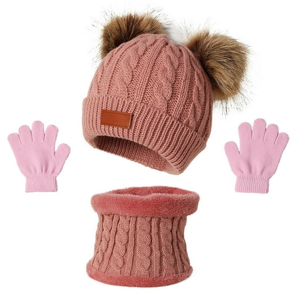 Viworld 3Pcs/Set Baby Kids Beanie Hat Scarf Gloves Set Winter Warm Double Pom Pom Knit Hat Scarf Gloves for Girls Boys 1-5 Years