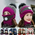 thumbnail image 1 of Viworld 3Pcs/Set Women Winter Knitted Hat with Scarf and Mask Cover Set Pompom Beanie Warm Scarf Anti Haze Full Face Cover Beige, 1 of 7