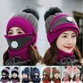 thumbnail image 1 of Viworld 3Pcs/Set Women Winter Knitted Hat with Scarf and Mask Cover Set Pompom Beanie Warm Scarf Anti Haze Full Face Cover Brick red, 1 of 7