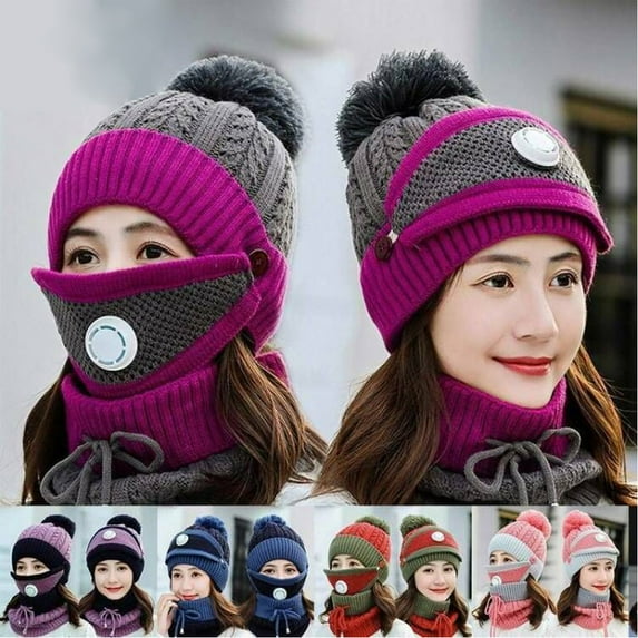 Viworld 3Pcs/Set Women Winter Knitted Hat with Scarf and Mask Cover Set Pompom Beanie Warm Scarf Anti Haze Full Face Cover Brick red
