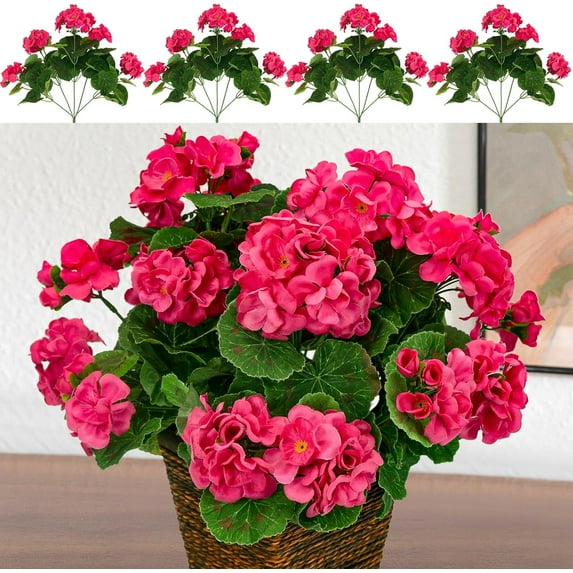 Viworld 4PCS Artificial Geranium 1 Branch with 5 Flower Heads 14.2inch Long Fake Silk Bouquet, Lifelike, Suitable for Interior Decoration, Porch Garden Decoration (Rose Red)