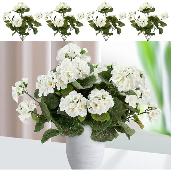 Viworld 4PCS Artificial Geranium 1 Branch with 5 Flower Heads 14.2inch Long Fake Silk Bouquet, Lifelike, Suitable for Interior Decoration, Porch Garden Decoration (White)