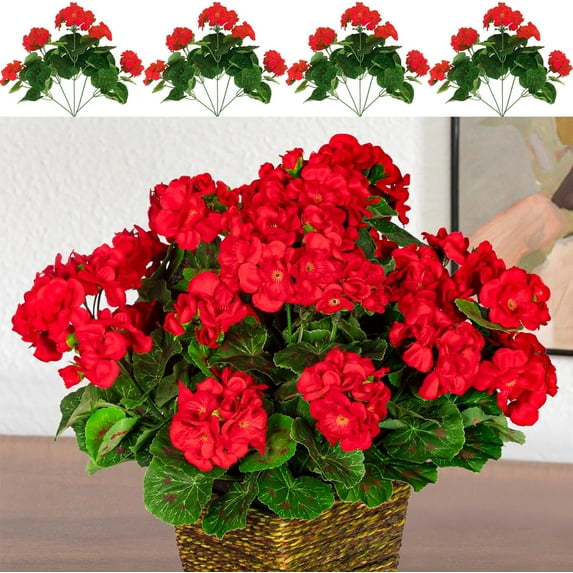 Viworld 4PCS Artificial Geranium 1 Branch with 5 Flower Heads 14.2inch Long Fake Silk Bouquet, Lifelike, Suitable for Interior Decoration, Porch Garden Decoration (Red)