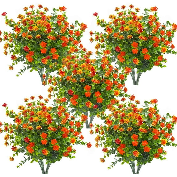 Viworld 6 Bundles Artificial Fake Flowers, Faux Outdoor Plastic Plants UV Resistant Shrubs Outside Indoor Decorations(Orange)