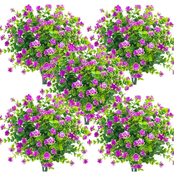 Viworld 6 Bundles Artificial Fake Flowers, Faux Outdoor Plastic Plants UV Resistant Shrubs Outside Indoor Decorations(Purple)