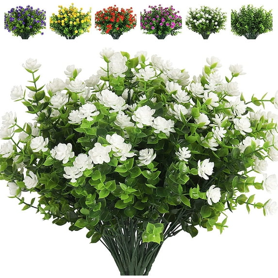 Viworld 6 Bundles Artificial Flowers, Fake Outdoor UV Resistant Plants Artificial Lotus Flowers Eucalyptus Greenery Shrubs Bridal Wedding Bouquet for Home Garden Party Wedding Decoration (White)
