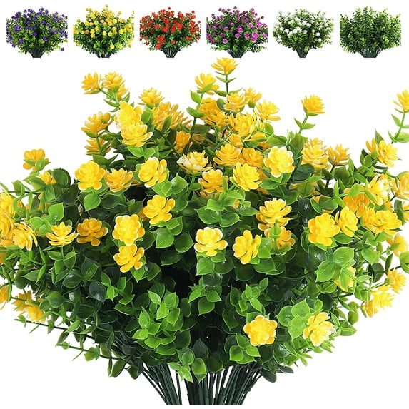 Viworld 6 Bundles Artificial Flowers Faux Plants, Lifelike UV Resistant Fake Eucalyptus Plants for Garden, Patio Yard, Wedding, Office and Farmhouse Indoor Outdoor Decor (Yellow)
