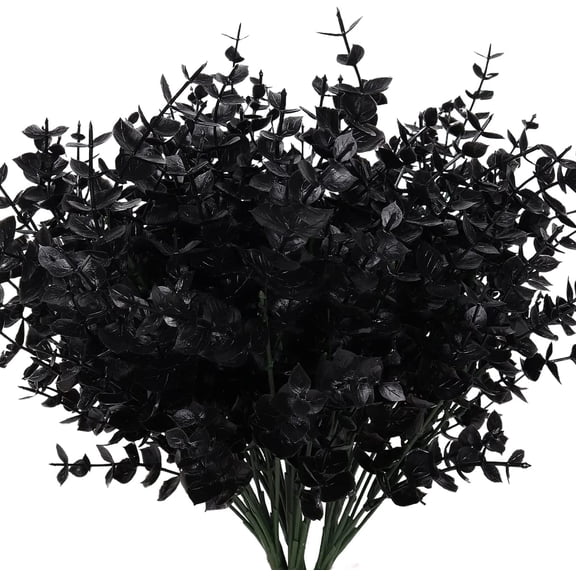 Viworld 6 Bundles Black Artificial Flowers, Fake Outdoor UV Resistant Plants Faux Plastic Greenery Shrubs Indoor Outside Hanging Planter Home Kitchen Office Wedding, Garden Decor (Black Eucalyptus)