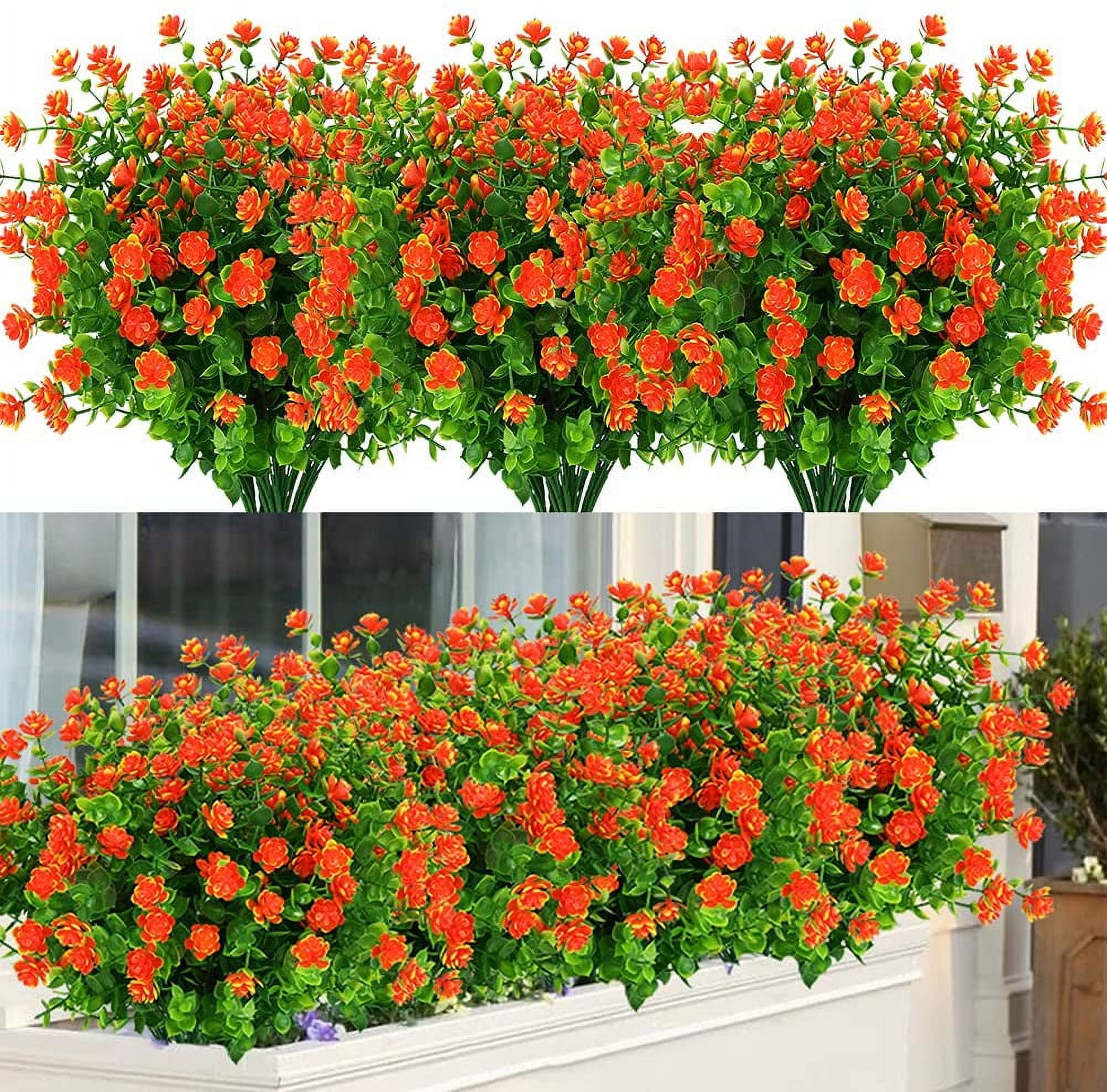 Viworld 6 Bundles Outdoor Artificial Flowers UV Resistant Fake Boxwood Plants, Faux Plastic Greenery for Indoor Outside Plants Garden Home Decor (Orange red)