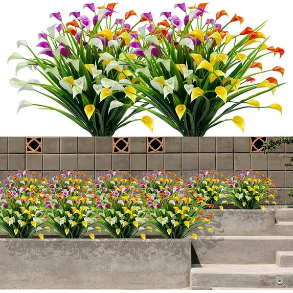 Viworld 6Pcs Artificial Flowers Outdoor Fake Calla Lily Flowers UV Resistant Faux Plants Greenery for Outside Hanging Planter Home Garden Porch Window Box Decor, Mixcolor
