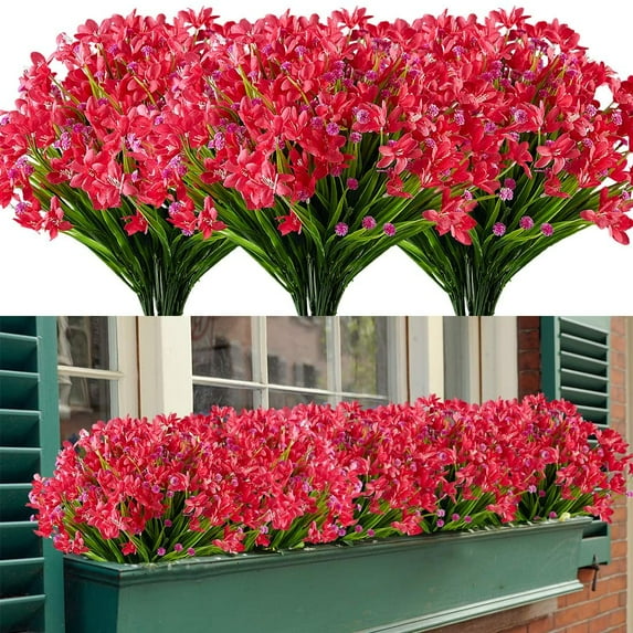 Viworld 8 Bundles Artificial Daffodils Flowers, Fake Artificial Greenery UV Resistant Plastic Plants Decorations for Wedding Bridle Bouquet Indoor Outdoor Home Garden Decor (Red)