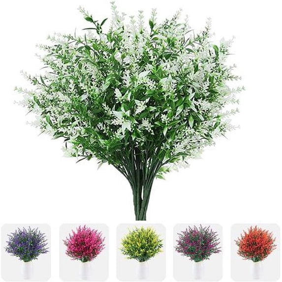 Viworld 8 Bundles Artificial Flowers Fake Outdoor Plants Faux UV Resistant Lavender Flower Plastic Shrubs Indoor Outside Hanging Decorations (White)
