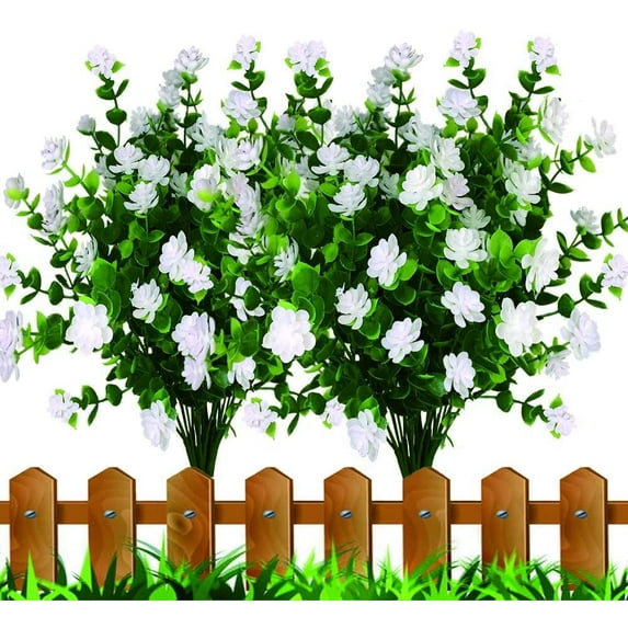 Viworld 8 Bundles Artificial Flowers, Fake Outdoor UV Resistant Plants Faux Plastic Greenery Shrubs Indoor Outside Hanging Planter Home Garden Decorating(White)
