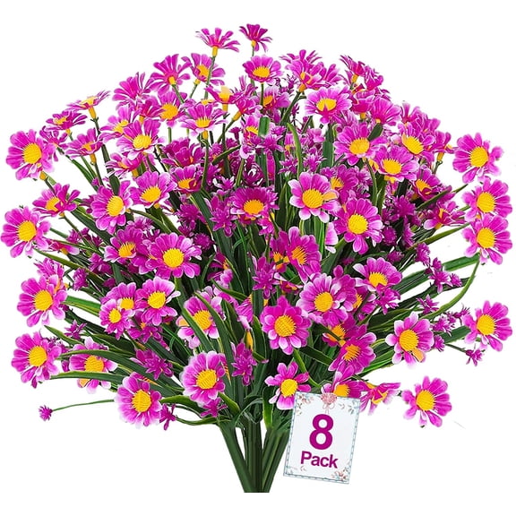 Viworld 8 Bundles Daisy Artificial Flowers Outdoor Summer Decor UV Resistant Fake Flowers Faux Plastic Greenery Shrub Plant Indoor Outside Hanging Garden Home Porch Box Décor(Fuchsia)
