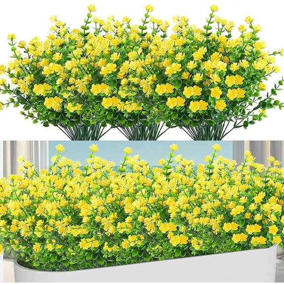 Viworld 8 Bundles Outdoor Artificial Flowers UV Resistant Fake Boxwood Plants Faux Plastic Greenery for Indoor Outside Plants Garden Home Decor, Yellow