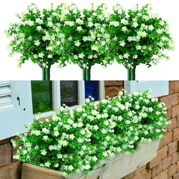 Viworld 8 Pack UV Resistant Outdoor Artificial Flowers Bulk Faux Plastic Plants Outside Indoor Fake Hanging Greenery Shrubs Arrangement for Backyard Window Box Porch Home Decoration (White)