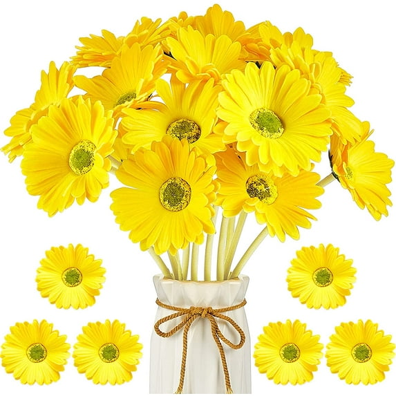 Viworld Artificial Daisy Artificial Flowers Gerbera Daisy Fake Gerbera Daisies Fake Flowers Bouquet 15" for Wedding Bridal Bouquet Party Home Kitchen (Yellow, 8 Pcs)