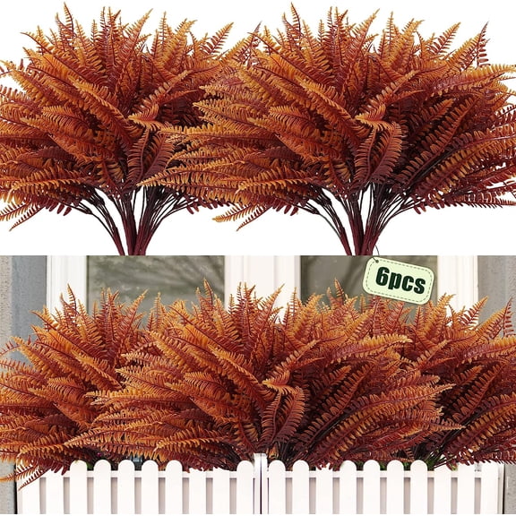 Viworld Artificial Ferns Plants Bushes Faux Outdoor Plant 6 Bundles Plastic Bushes UV Resistant Artificial Plants Greenery Artificial Fake Boston Fern for Home Garden Office Decor（Brown）