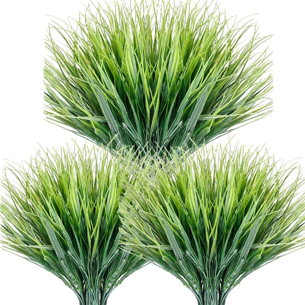 Viworld Artificial Grasses 12 Bundles Outdoor UV Resistant Fake Grass No Fade Faux Plastic for Garden Shrubs Porch Window Box Decorating (12 Bundles Green Grass)